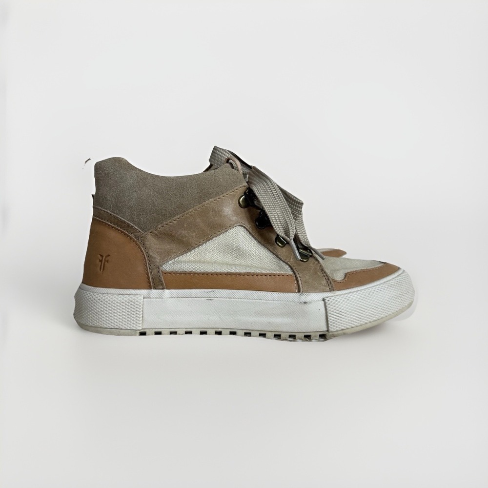 Frye Gia Lug Trail Sneaker Tan Leather Canvas High Top Shoes 6.5 Minimalist Chic - Picture 2 of 9